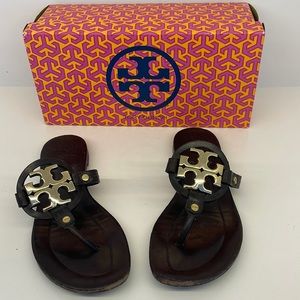 Brown Tory Burch Sandals with gold logo